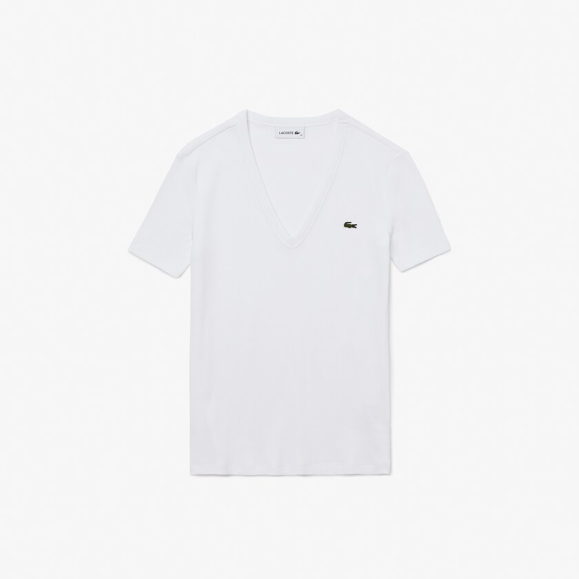 Women's Lacoste White T Shirts Soft Cotton V-Neck EB3-97389N8