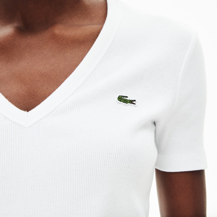 Women's Lacoste White T Shirts Soft Cotton V-Neck EB3-97389N8
