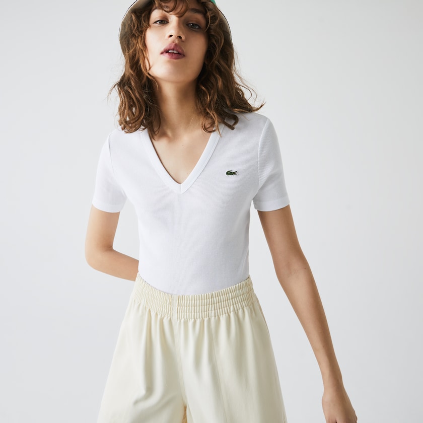 Women's Lacoste White T Shirts Soft Cotton V-Neck EB3-97389N8
