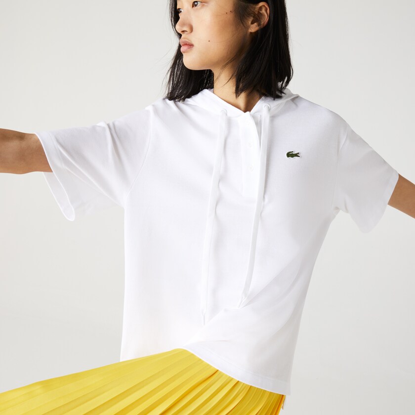 Women's Lacoste White Polo Shirts Solid Cotton Piqué Hooded XS6-29212C9