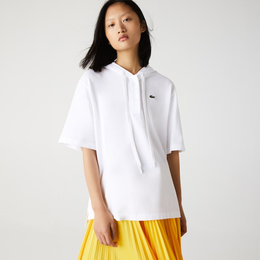 Women's Lacoste White Polo Shirts Solid Cotton Piqué Hooded XS6-29212C9
