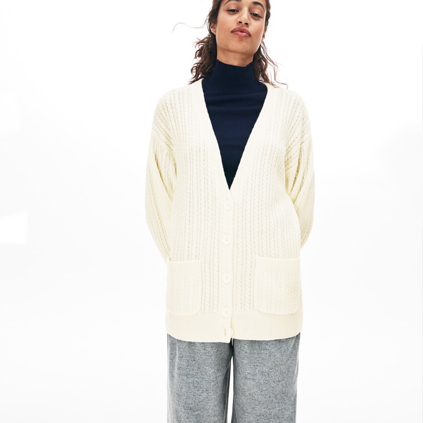 Women's Lacoste White Sweaters Wool And Cashmere Blend Cable Knit Cardigan MR4-11911K8