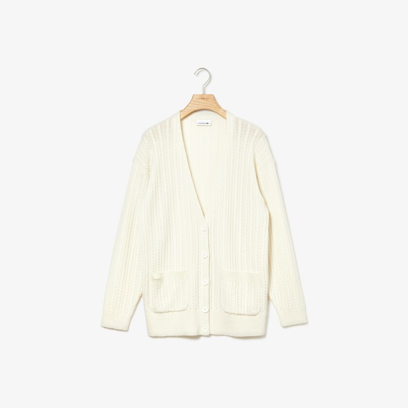 Women's Lacoste White Sweaters Wool And Cashmere Blend Cable Knit Cardigan MR4-11911K8