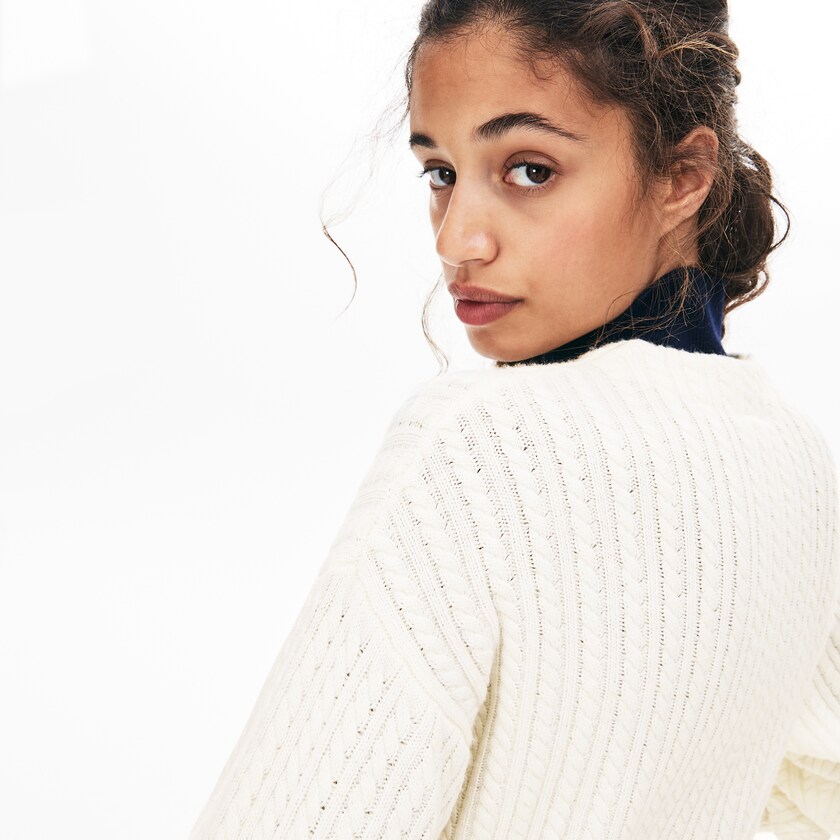 Women's Lacoste White Sweaters Wool And Cashmere Blend Cable Knit Cardigan MR4-11911K8