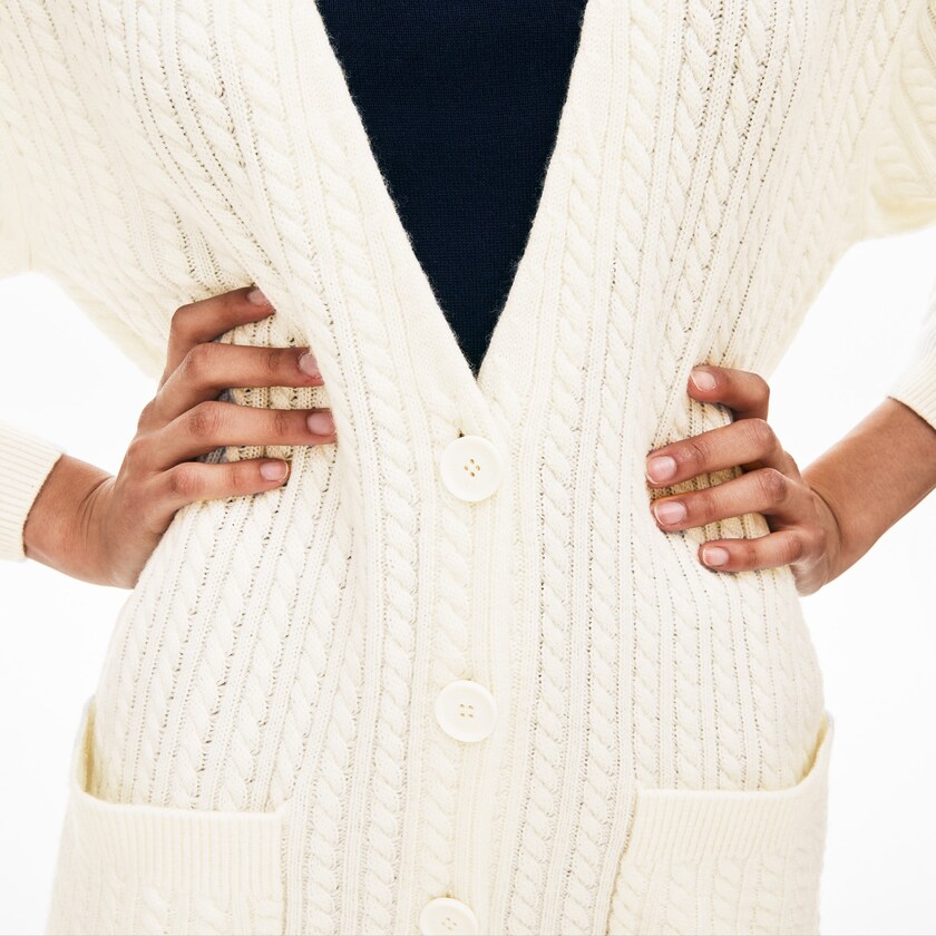 Women's Lacoste White Sweaters Wool And Cashmere Blend Cable Knit Cardigan MR4-11911K8