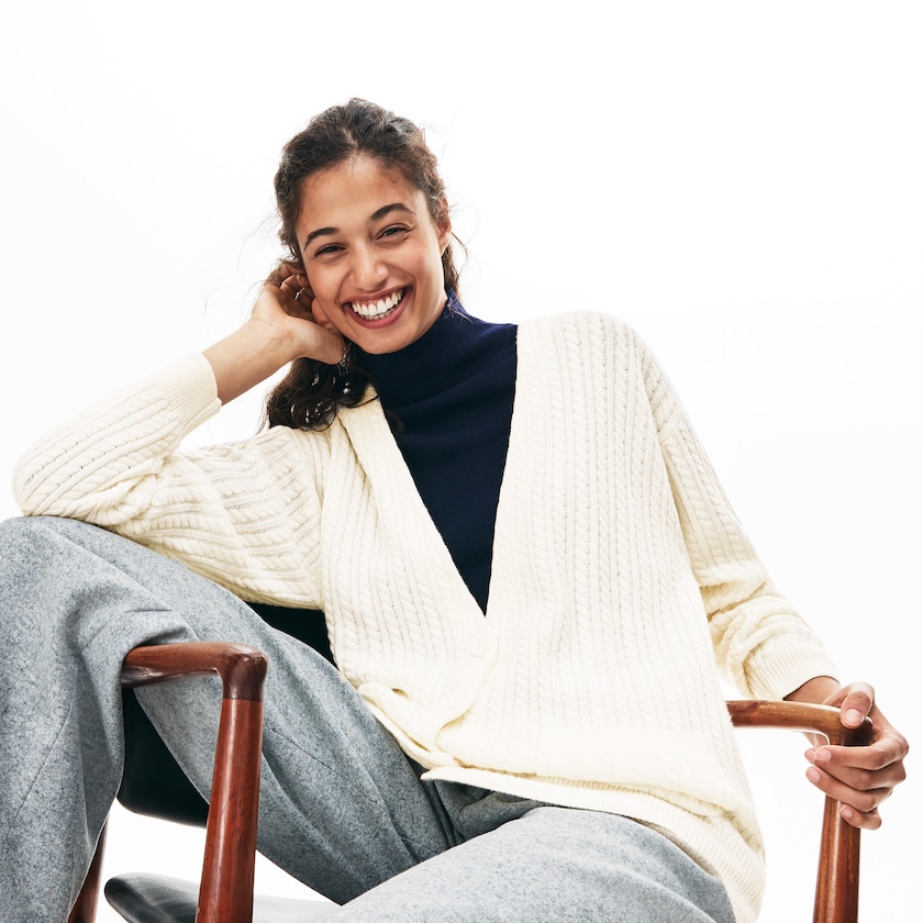 Women's Lacoste White Sweaters Wool And Cashmere Blend Cable Knit Cardigan MR4-11911K8