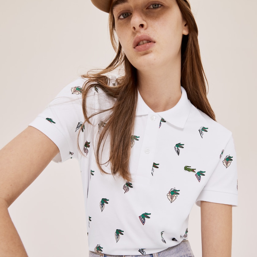 Women's Lacoste White Polo Shirts x Jean-Michel Tixier Print Regular Fit TD7-57555Y1