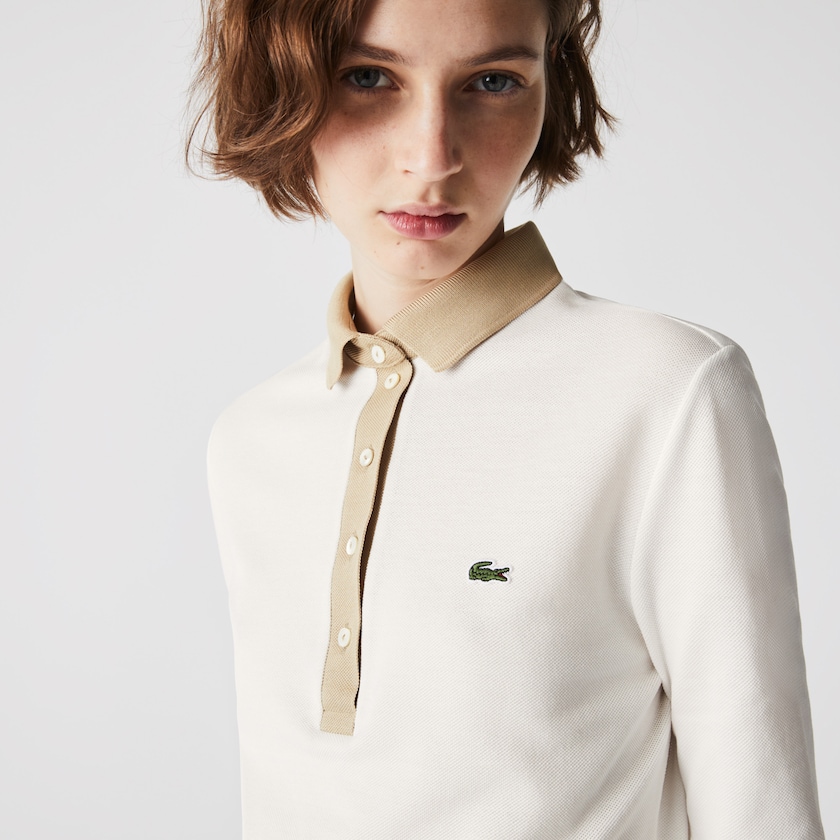 Women's Lacoste White / Beige Shirts Slim Fit Cotton Polo CX8-32243I5
