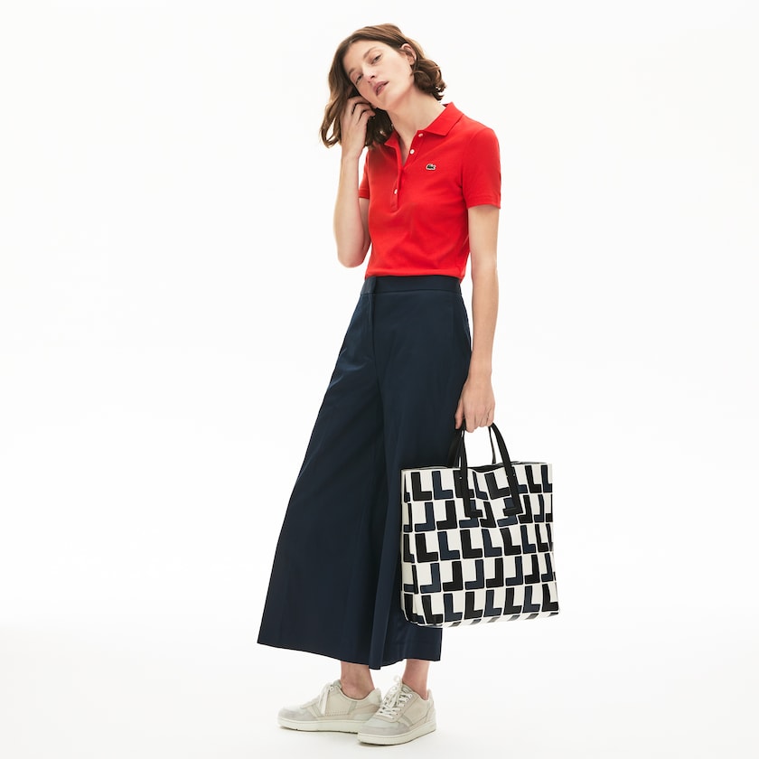 Women's Lacoste White / Black Tote Bags Fashion Show Monogram Leather Double CW5-65256H5
