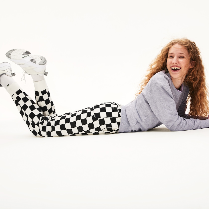 Women's Lacoste White / Black Pants LIVE Check Fleece Tracksuit ZI1-78827E2