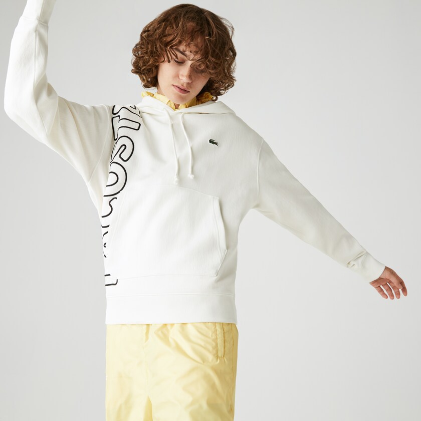 Men's Lacoste White / Black Sweatshirts LIVE Hooded Embroidered Cotton Blend HU9-33823G1