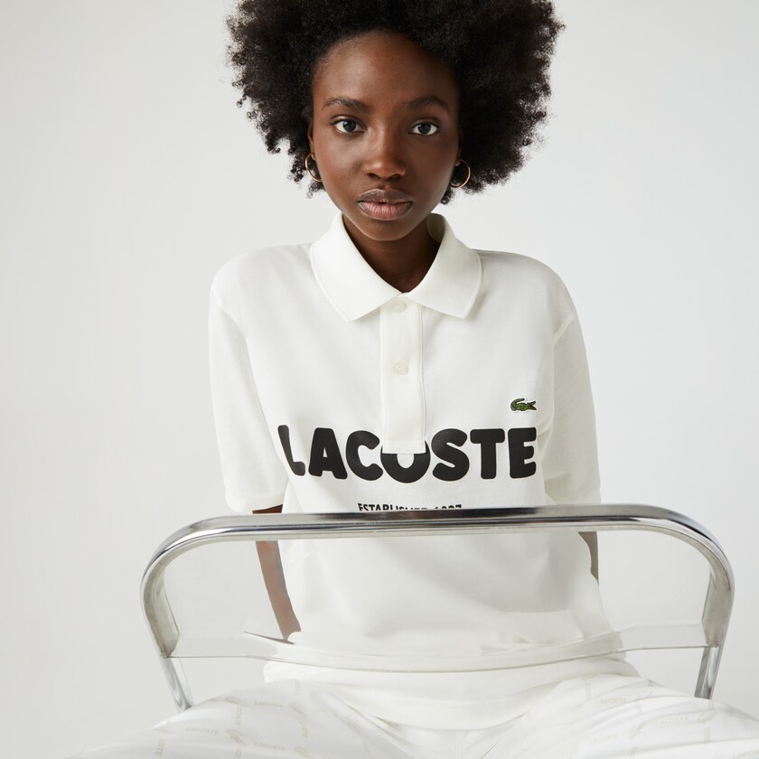 Men's Lacoste White / Black Shirts LIVE Loose Fit Branded Cotton Piqué Polo EY1-23722Q5