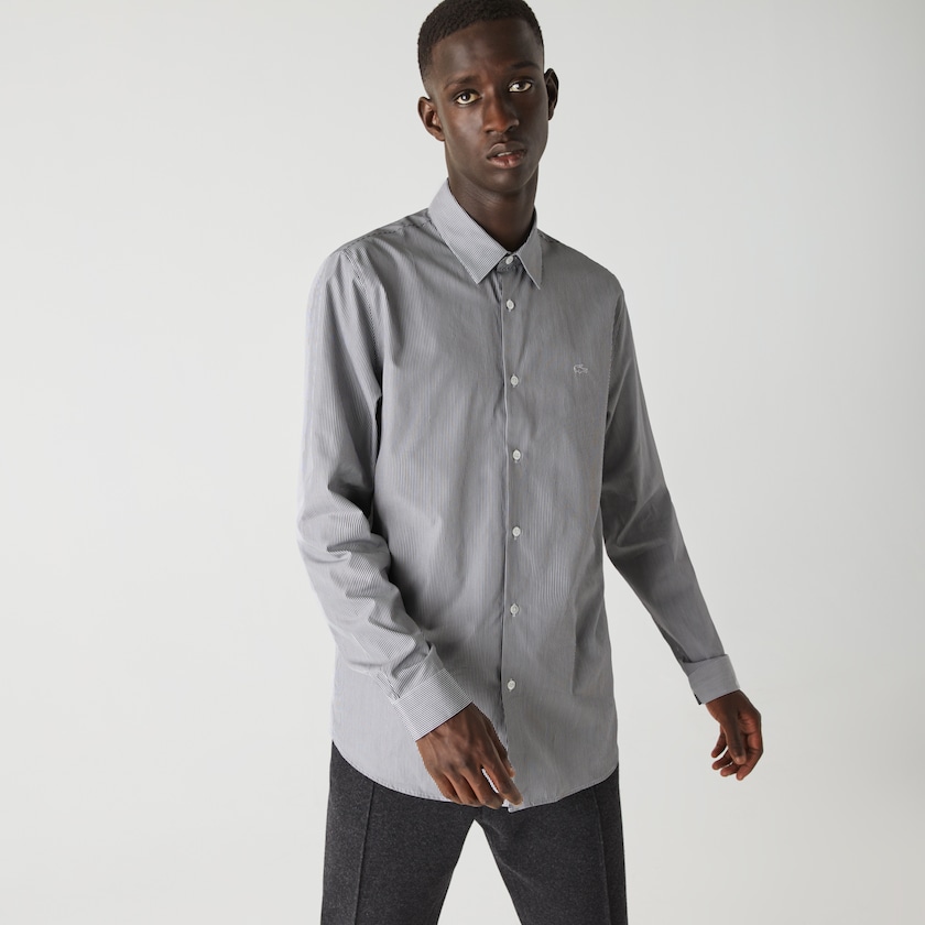 Men's Lacoste White / Black Shirts Regular Fit Striped Cotton Poplin AN7-01800Y5