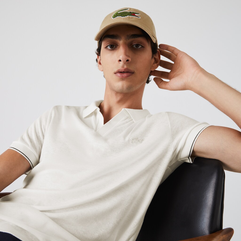 Men's Lacoste White / Black Polo Shirts Tunisian Collar Linen And Cotton Regular Fit DU2-94409H5