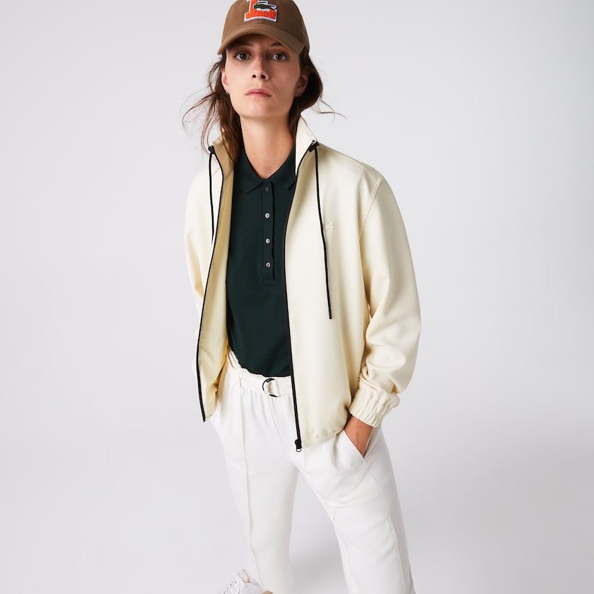 Women's Lacoste White / Black Jackets Zippered Collar Flowy Wool Blend LE3-09400Z5