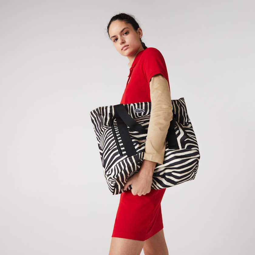 Women's Lacoste White / Black Bags x National Geographic Animal Print Shopper AM6-31523Z8