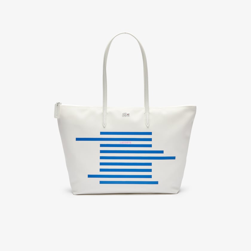 Women's Lacoste White / Blue Tote Bags L.12.12 Nautical Stripes Large Coated Canvas ST5-48544N2