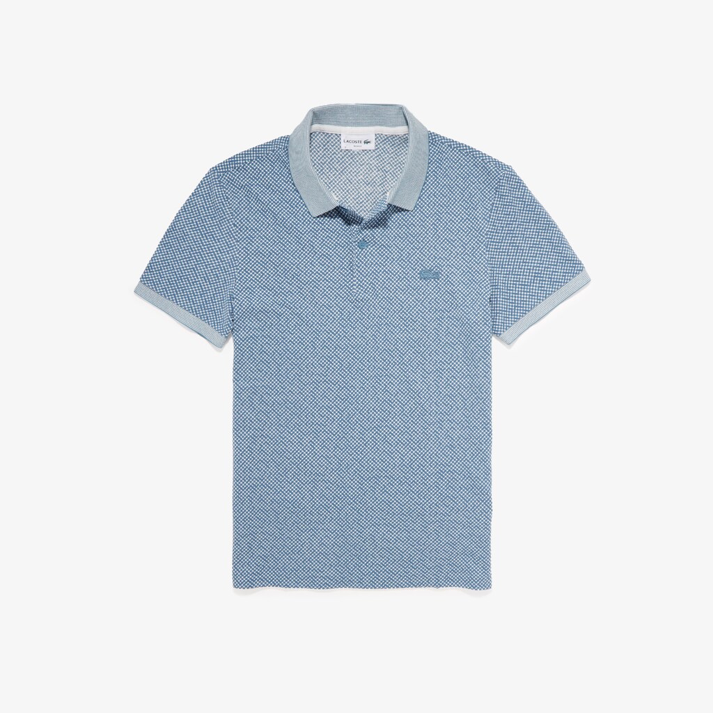 Men's Lacoste White / Blue Polo Shirts Printed Slim Fit Cotton Piqué BS6-14361N9