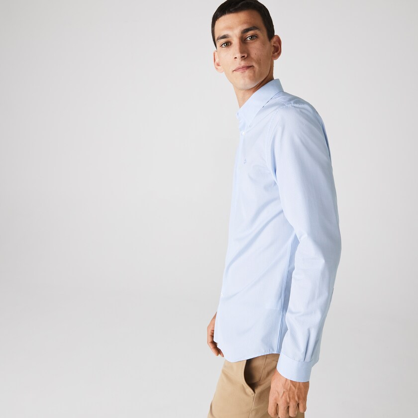 Men's Lacoste White / Blue Shirts Regular Fit Checkered Premium Cotton Poplin PV8-66506W9