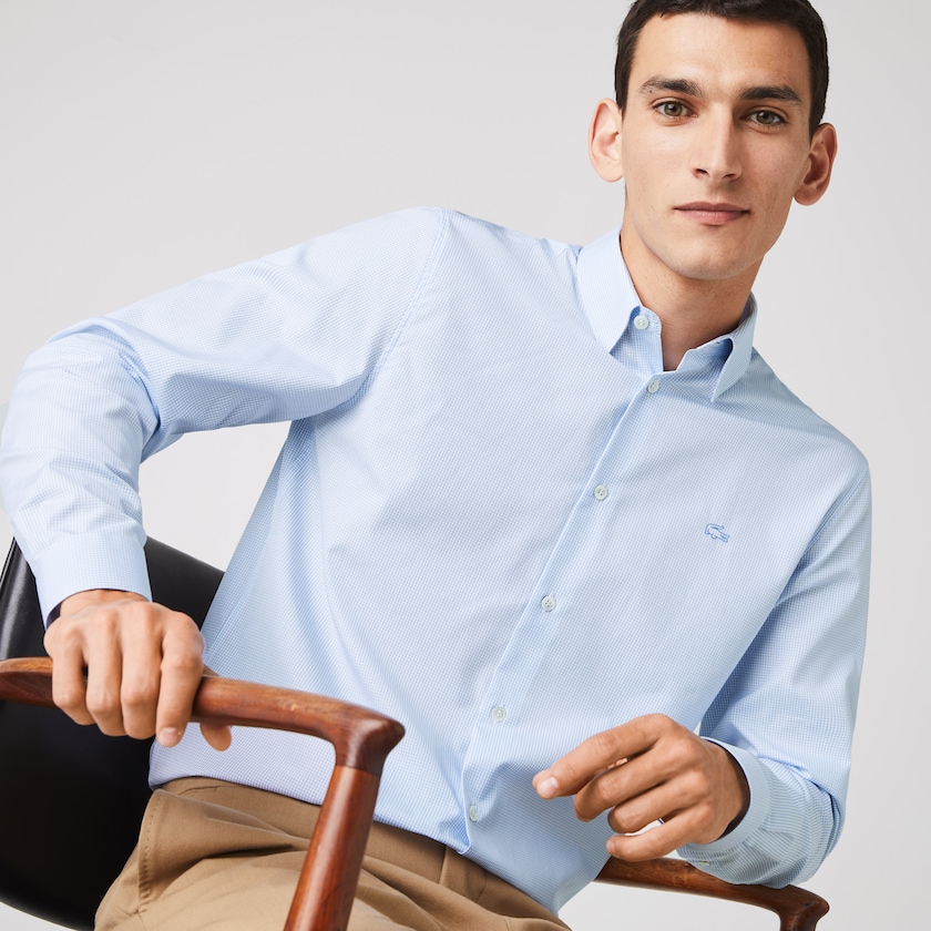 Men's Lacoste White / Blue Shirts Regular Fit Checkered Premium Cotton Poplin PV8-66506W9