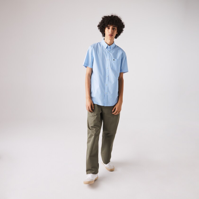 Men's Lacoste White / Blue Shirts Regular Fit Gingham Poplin XL2-17831L1