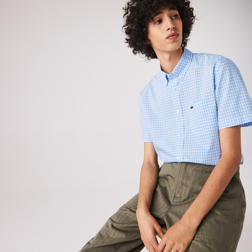 Men's Lacoste White / Blue Shirts Regular Fit Gingham Poplin XL2-17831L1