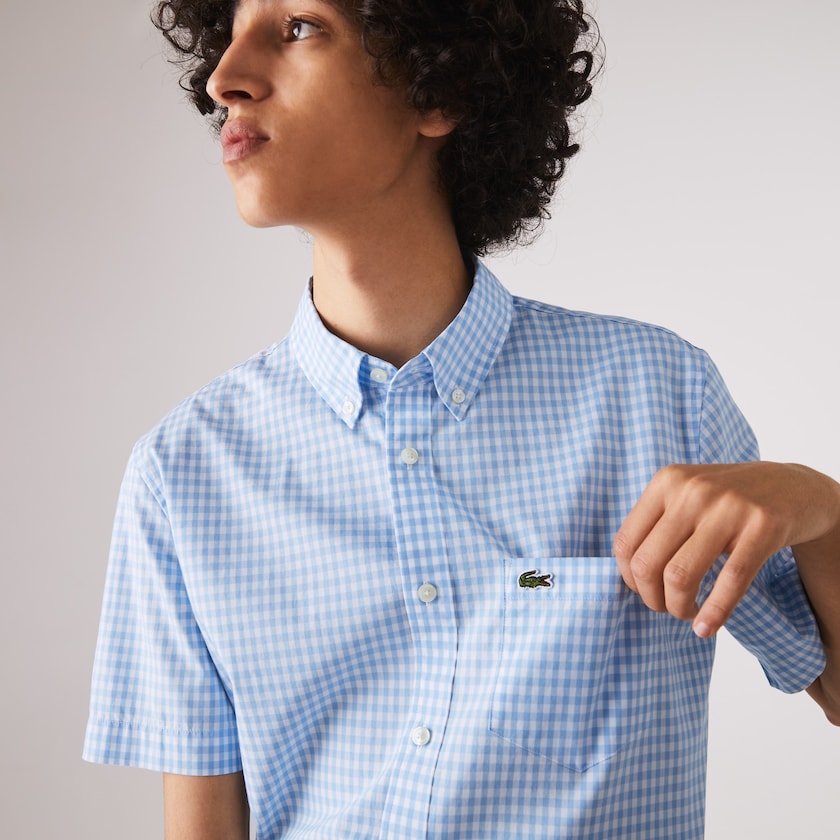 Men's Lacoste White / Blue Shirts Regular Fit Gingham Poplin XL2-17831L1