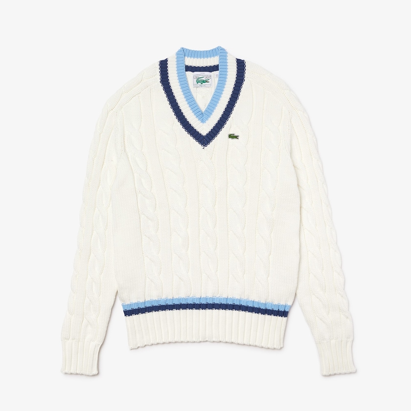 Men's Lacoste White / Blue Sweaters V-neck Striped-Trim Cable-Knit EG6-62896G1