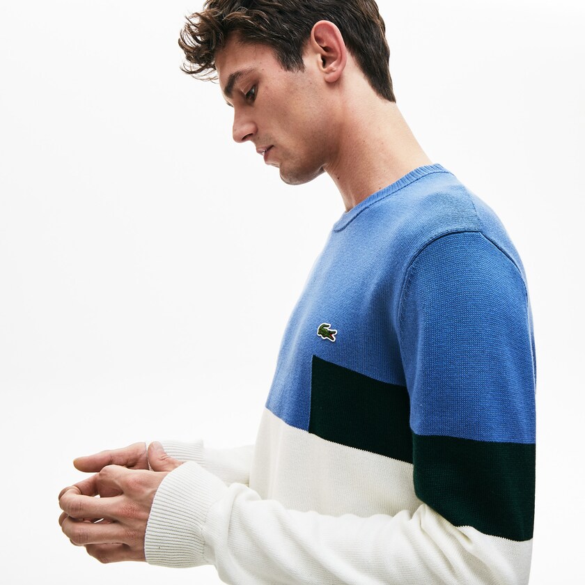 Men's Lacoste White / Blue / Green Sweaters Crew Neck Colorblock Wool And Cotton Blend TJ0-19381F8