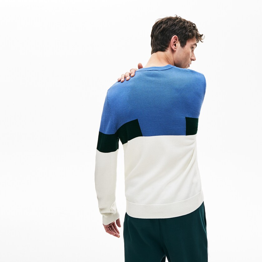 Men's Lacoste White / Blue / Green Sweaters Crew Neck Colorblock Wool And Cotton Blend TJ0-19381F8