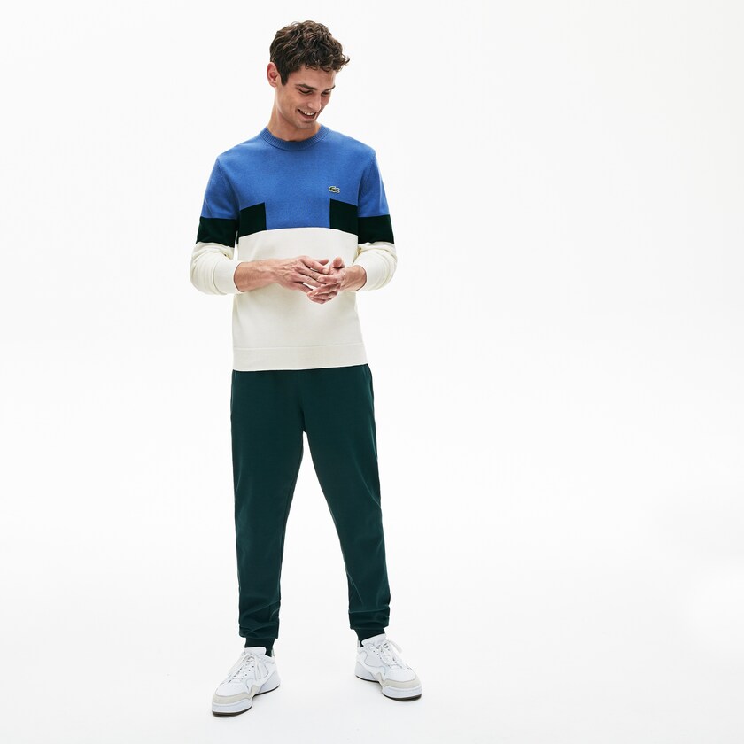Men's Lacoste White / Blue / Green Sweaters Crew Neck Colorblock Wool And Cotton Blend TJ0-19381F8