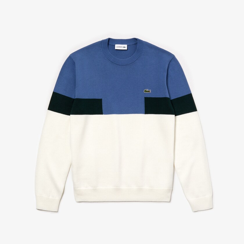 Men's Lacoste White / Blue / Green Sweaters Crew Neck Colorblock Wool And Cotton Blend TJ0-19381F8