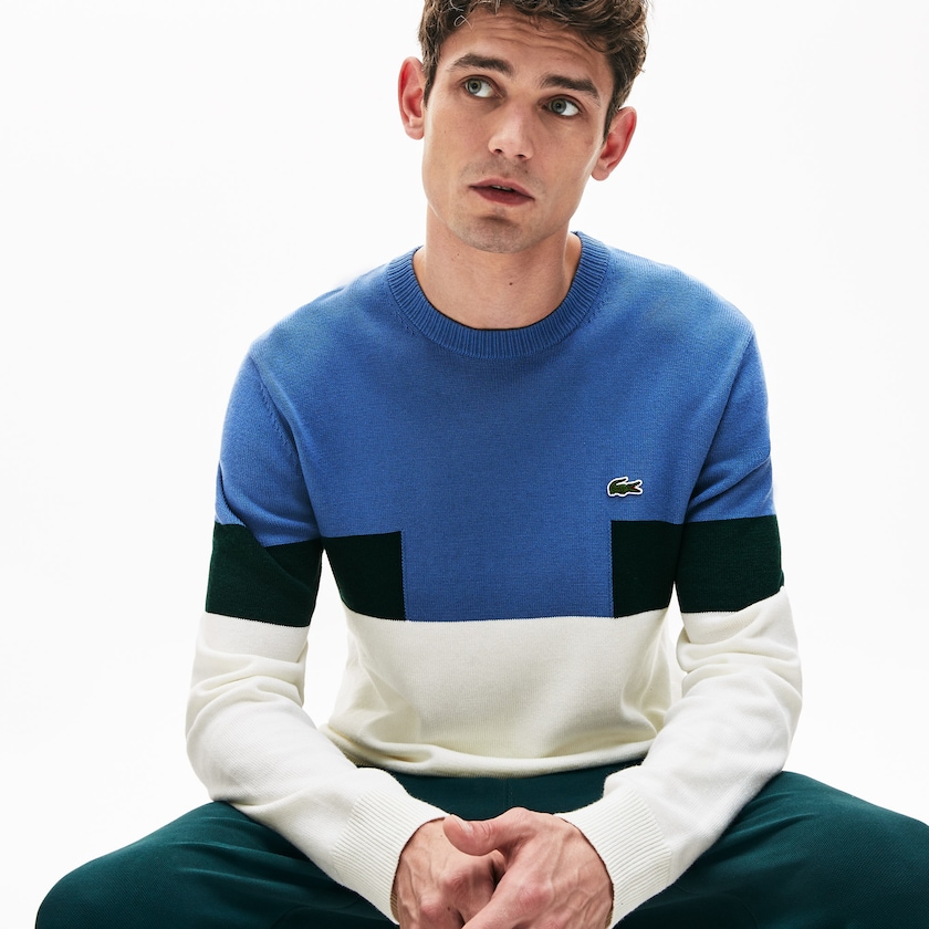 Men's Lacoste White / Blue / Green Sweaters Crew Neck Colorblock Wool And Cotton Blend TJ0-19381F8