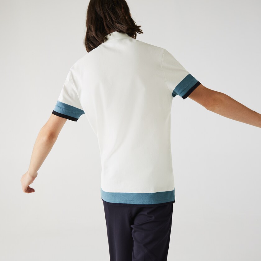 Men's Lacoste White / Blue / Navy Blue Polo Shirts Regular Fit Textured Cotton Piqué AG5-02580I8