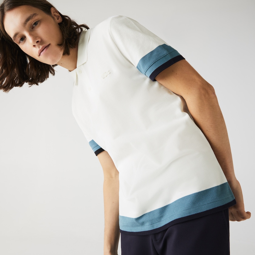 Men's Lacoste White / Blue / Navy Blue Polo Shirts Regular Fit Textured Cotton Piqué AG5-02580I8