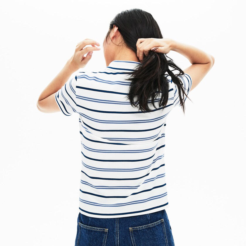 Women's Lacoste White / Blue / Navy Blue Polo Shirts Slim Fit Striped Stretch Piqué OU1-27232K0