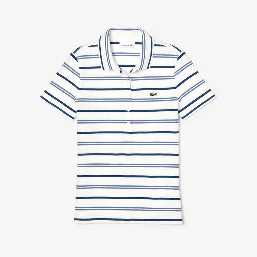 Women's Lacoste White / Blue / Navy Blue Polo Shirts Slim Fit Striped Stretch Piqué OU1-27232K0