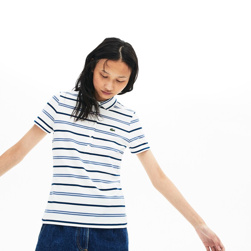 Women's Lacoste White / Blue / Navy Blue Polo Shirts Slim Fit Striped Stretch Piqué OU1-27232K0