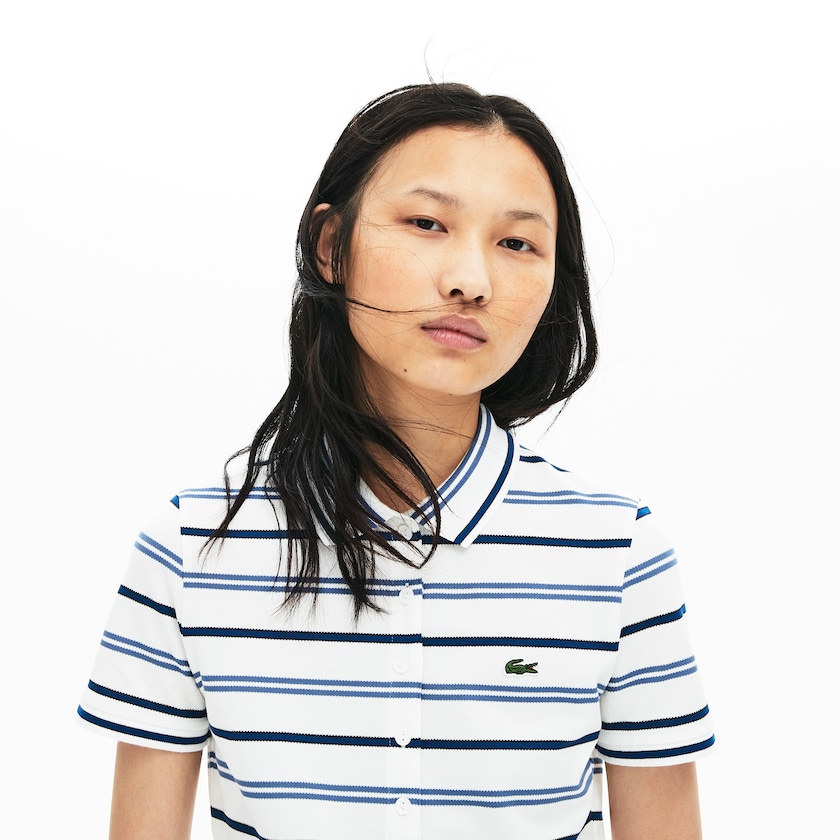 Women's Lacoste White / Blue / Navy Blue Polo Shirts Slim Fit Striped Stretch Piqué OU1-27232K0