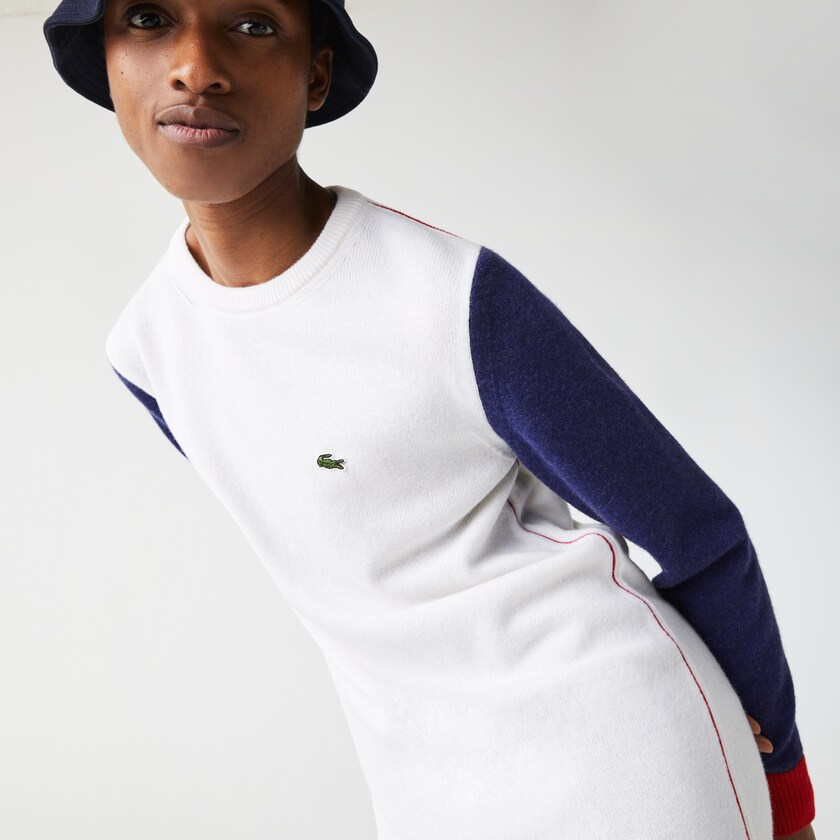 Women's Lacoste White / Blue / Red Dress Made In France Tricolour Wool Sweater AS4-31303Y5