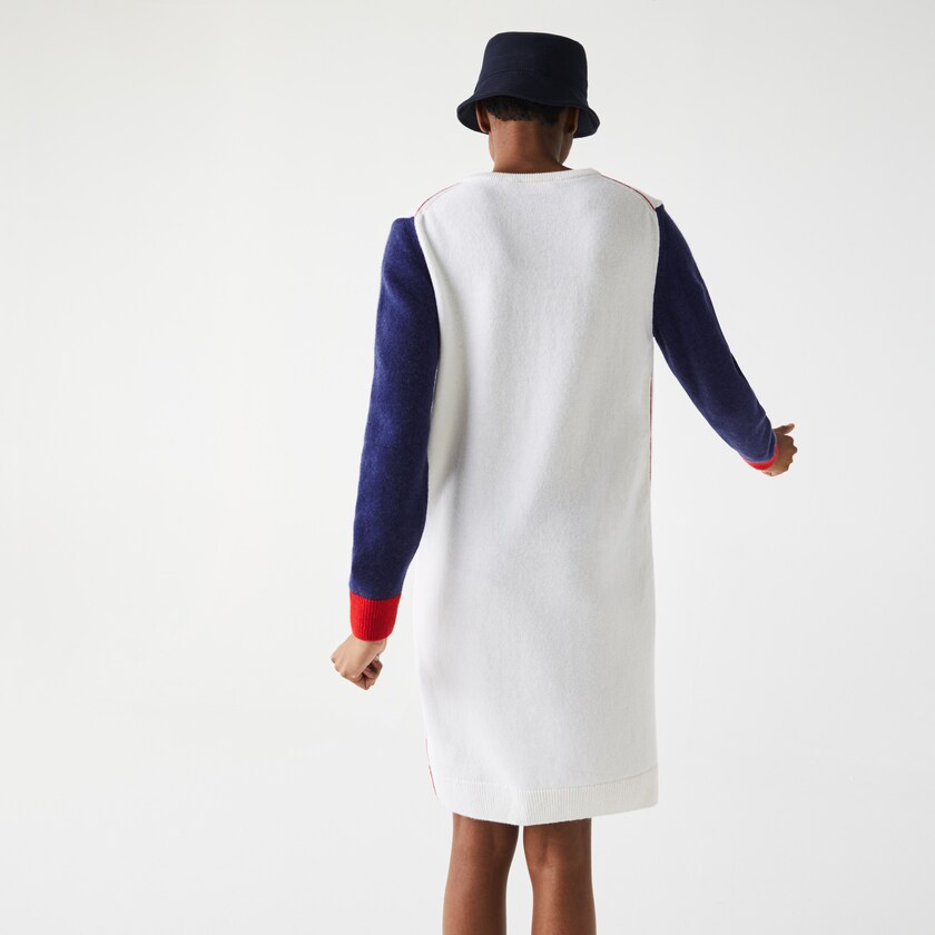 Women's Lacoste White / Blue / Red Dress Made In France Tricolour Wool Sweater AS4-31303Y5