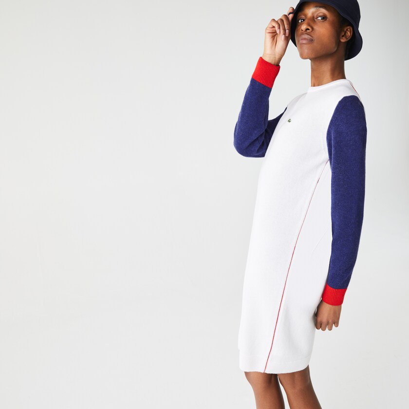 Women's Lacoste White / Blue / Red Dress Made In France Tricolour Wool Sweater AS4-31303Y5