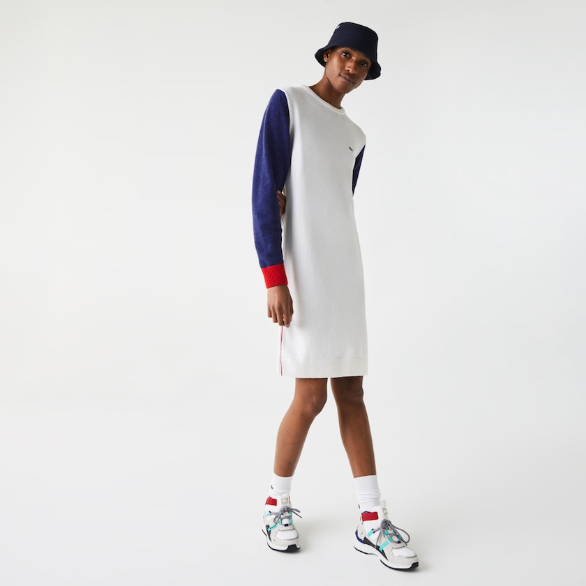 Women's Lacoste White / Blue / Red Dress Made In France Tricolour Wool Sweater AS4-31303Y5
