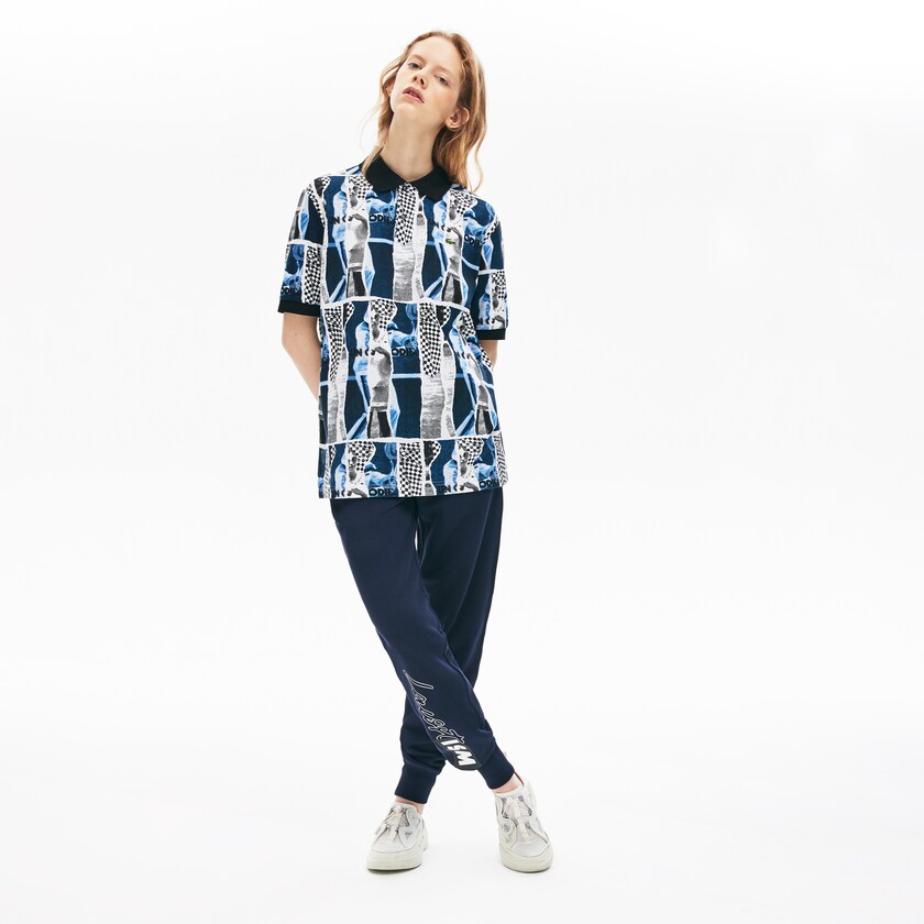 Men's Lacoste White / Blue / White Shirts LIVE Loose Fit Graphic Print Cotton Polo WK4-79157Y9