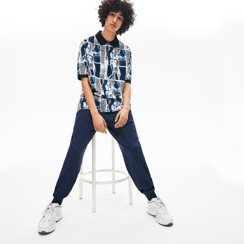 Men's Lacoste White / Blue / White Shirts LIVE Loose Fit Graphic Print Cotton Polo WK4-79157Y9
