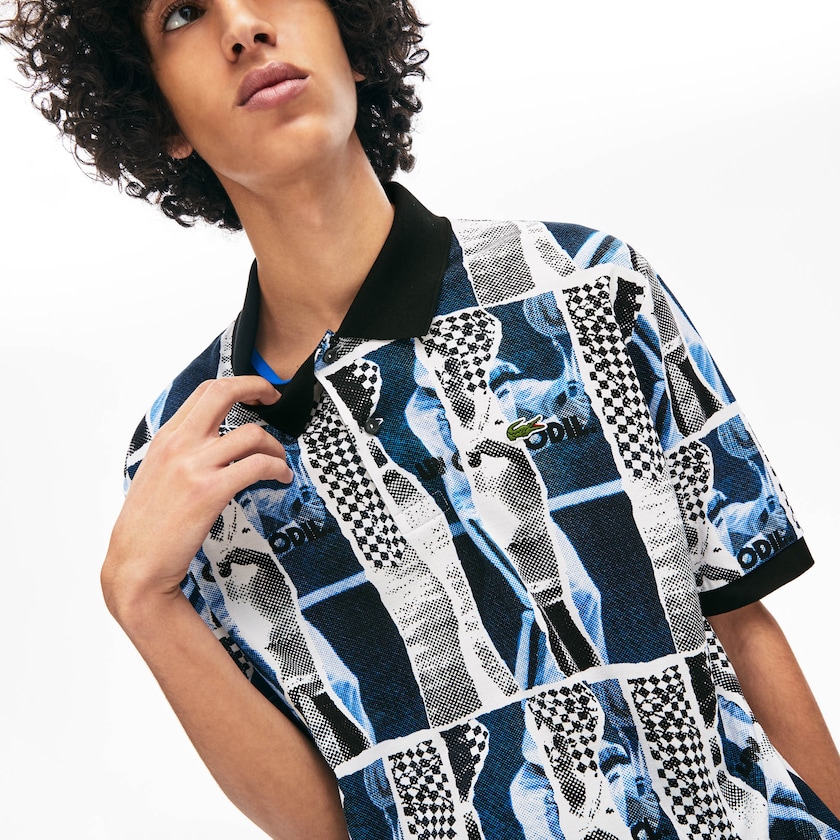Men's Lacoste White / Blue / White Shirts LIVE Loose Fit Graphic Print Cotton Polo WK4-79157Y9