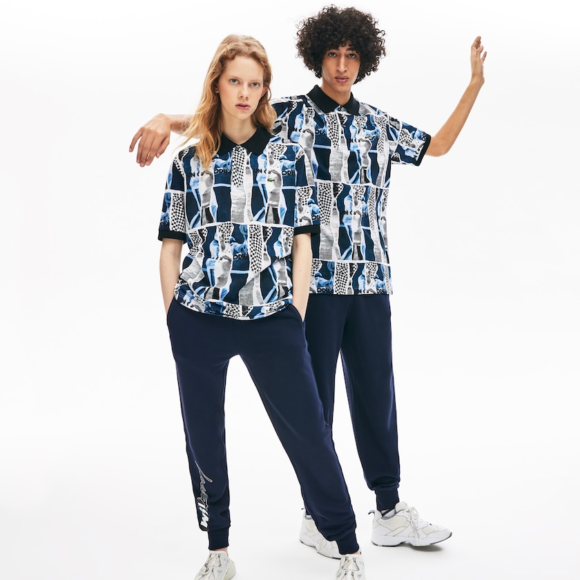 Men's Lacoste White / Blue / White Shirts LIVE Loose Fit Graphic Print Cotton Polo WK4-79157Y9