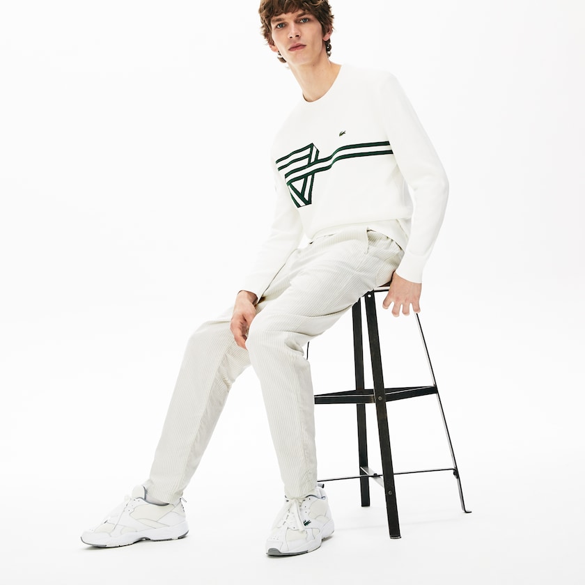 Men's Lacoste White / Dark Grey Chinos Fine Striped Cotton- Linen CJ6-88548U8