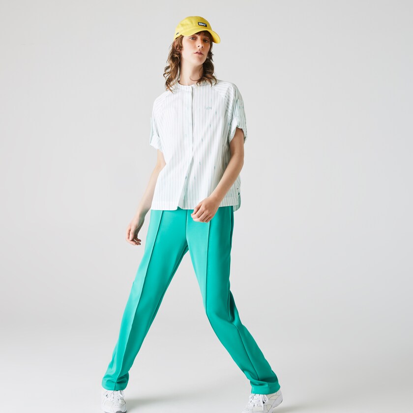 Women's Lacoste White / Green Shirts Oversized Mao Collar Striped Cotton Poplin Blouse UG3-67436T4