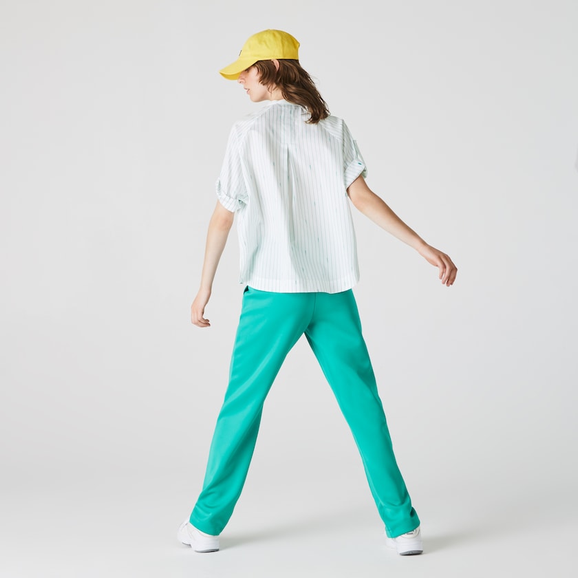 Women's Lacoste White / Green Shirts Oversized Mao Collar Striped Cotton Poplin Blouse UG3-67436T4